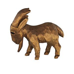 Hand-Carved Wooden Goat Figurine With Intricate Detailing Signed Folk Art